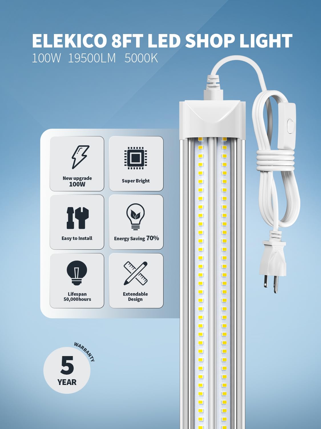 ELEKICO 8FT LED Shop Light, 100W 19500LM, Super Bright 5000K, Linkable Garage & Workshop Ceiling Light