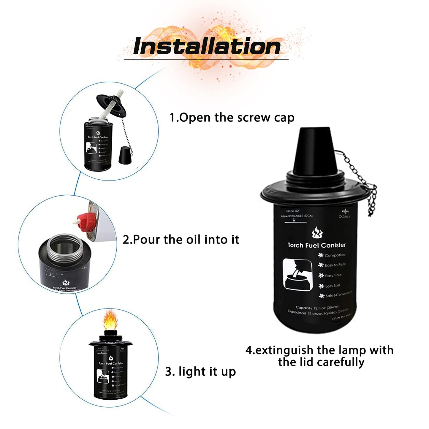 ZSZMFH 6-Pack 12oz Bamboo Torch Fuel Canisters with Wicks & Covers, Refillable Citronella Torch for Outdoor, Garden, Luau Party