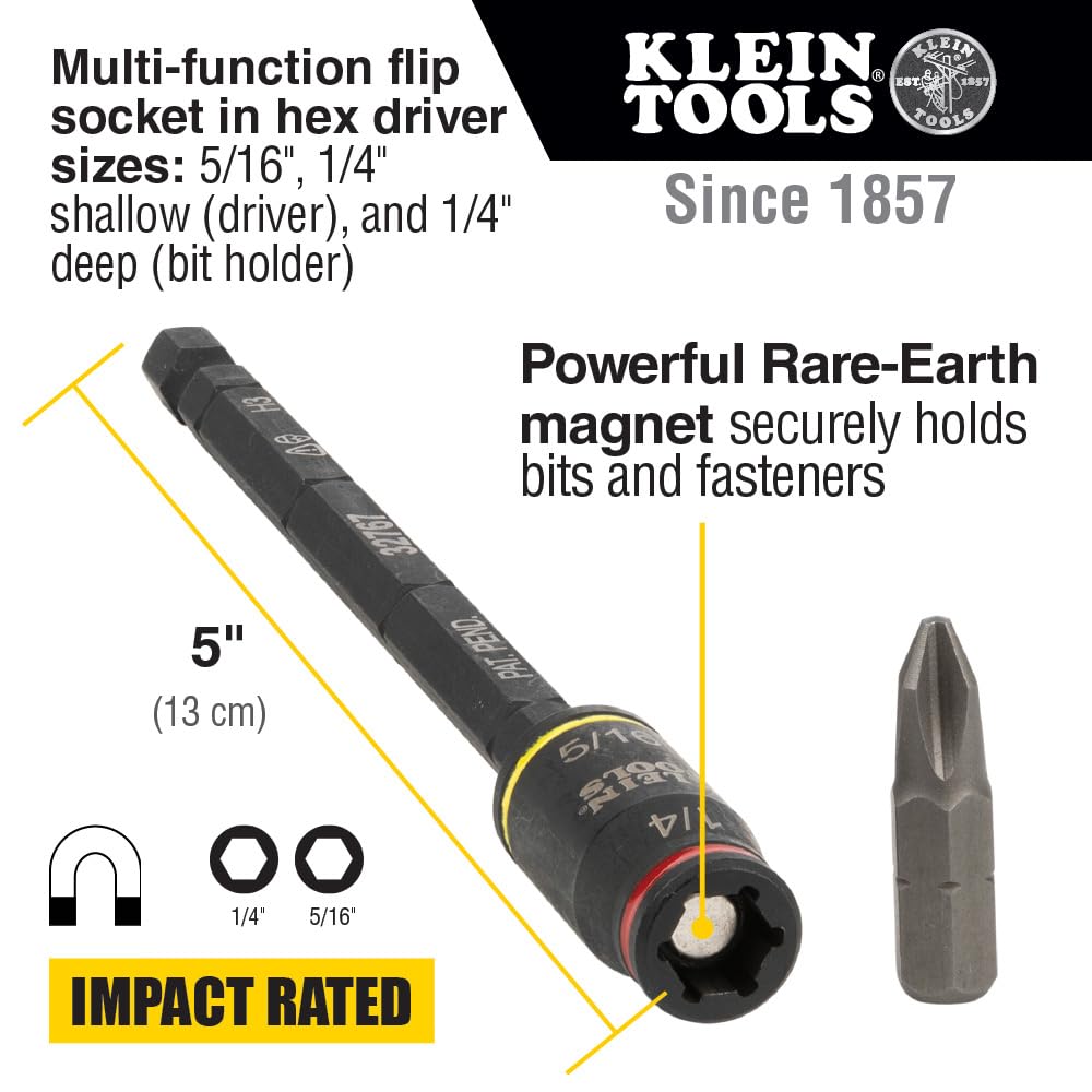 Klein Tools 32767 Impact Driver, SAE 3-in-1 Impact Socket and Bit Holder, Flip Socket with 1/4-Inch and 5/16-Inch Hex Drivers, 5-Inch Length