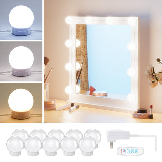 Hollywood Style LED Vanity Light Kit with 10 Dimmable Bulbs for Makeup & Dressing Table – White Strip, Plug-In (No Mirror)