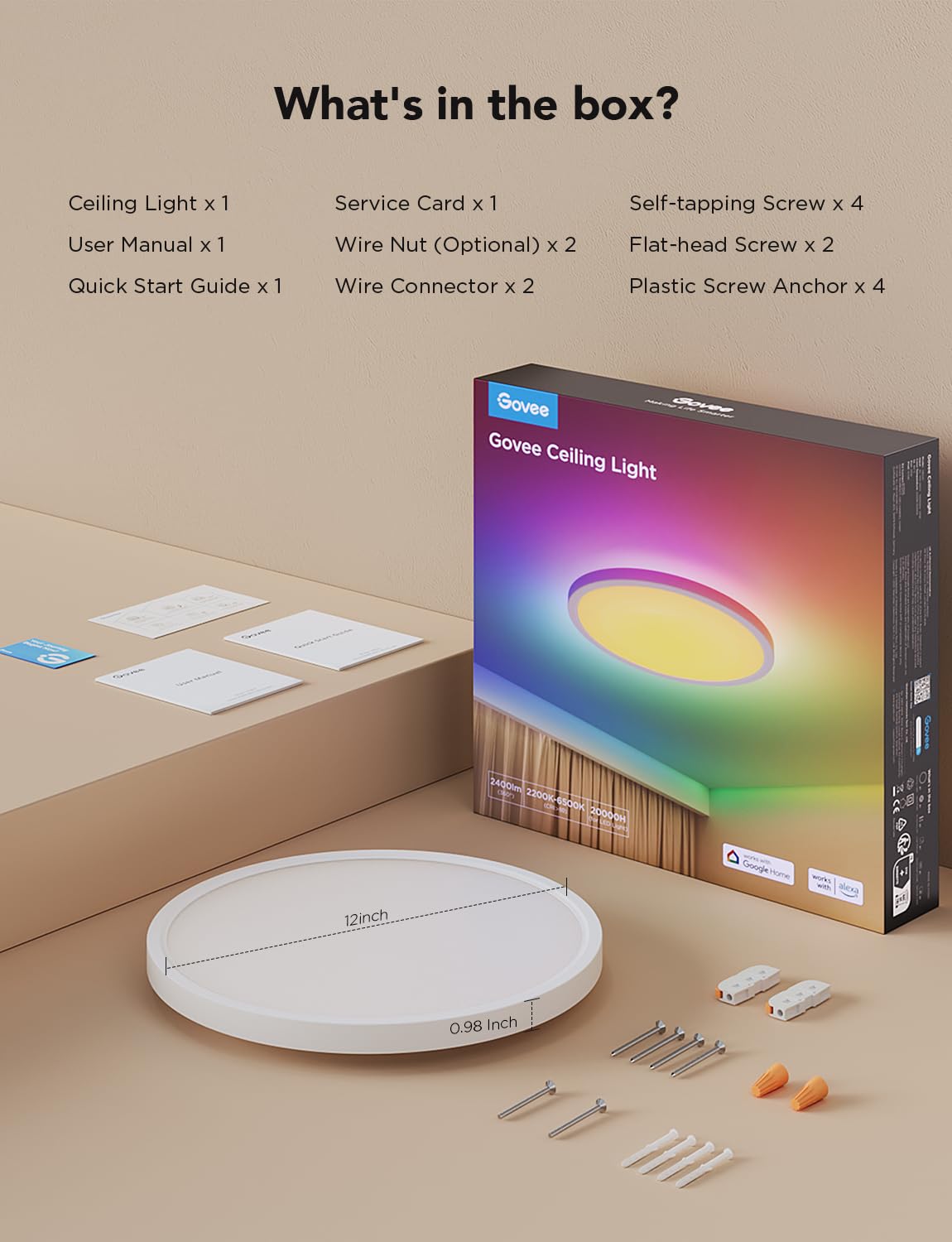 Govee 12" Smart RGBIC LED Ceiling Light, 2400LM Flush Mount, DIY Colors, Alexa Compatible, 2200K-6500K for Bedroom & Living Room