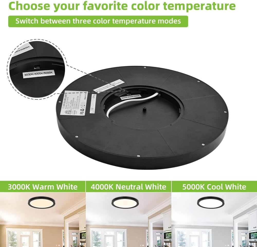 hykolity 2-Pack 12" LED Round Flat Panel Light, 24W, Selectable 3000K/4000K/5000K, Edge-Lit Flush Mount, Black