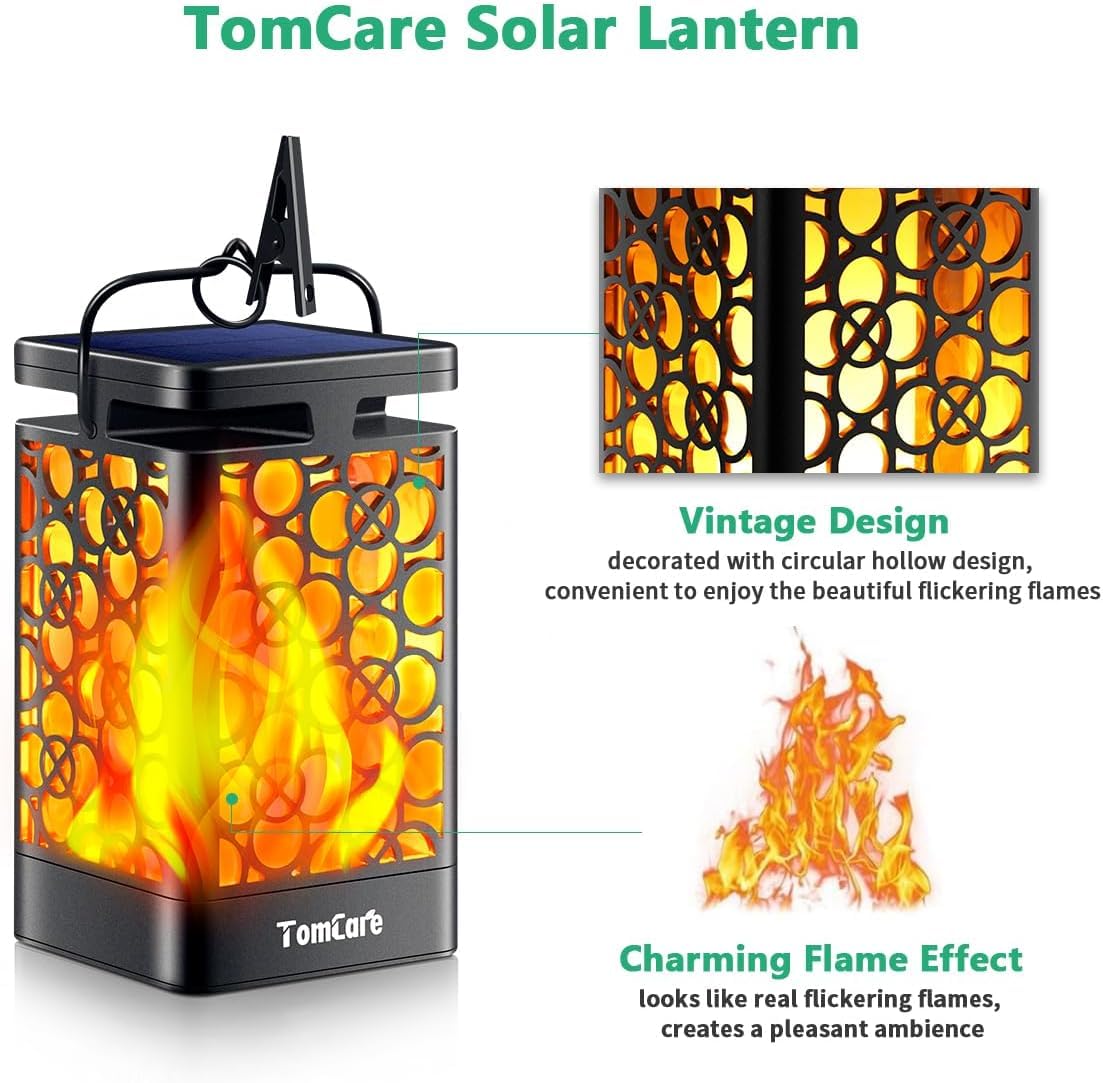 TomCare Solar Lanterns 2-Pack Outdoor Flickering Flame LED, Waterproof Hanging Solar Lights for Patio, Yard, Deck, Christmas Decor