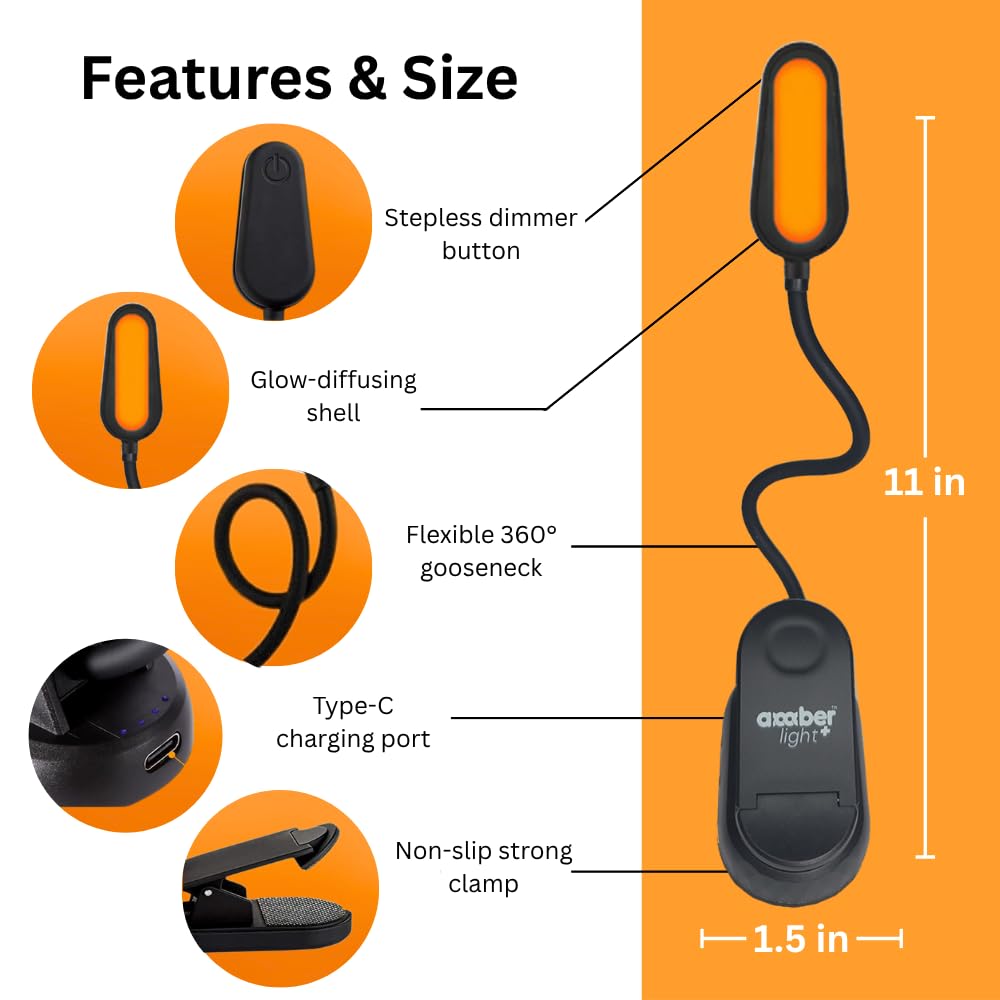 Amber Light Book Light - Rechargeable, Blue Light Blocking, 1600K Warm Night Reading Lamp, Giftable for Kindle & Bedtime Reading