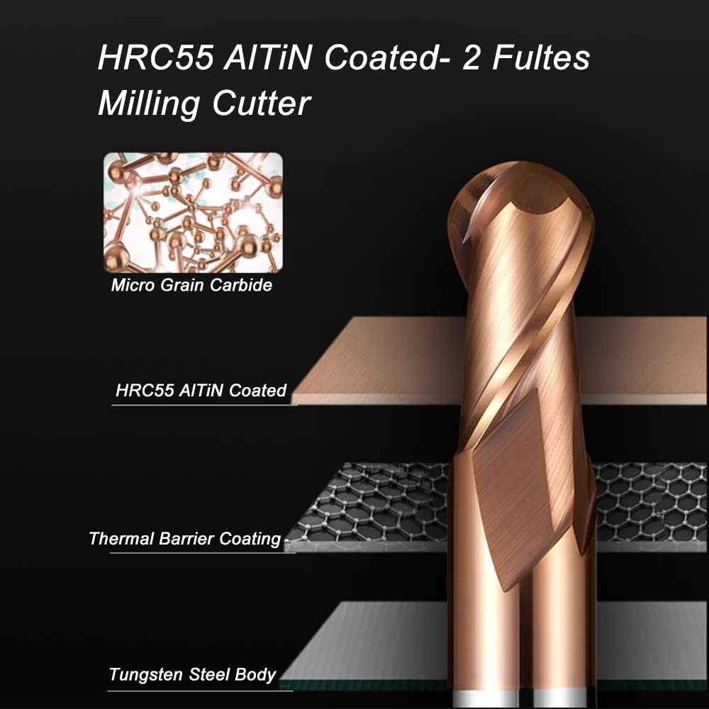 ASNOMY 5PCS Ball Nose Carbide End Mill Set, 1–4mm CNC Router Bits, 2 Flute Spiral Milling Tools, HRC55, 5 Radius Sizes