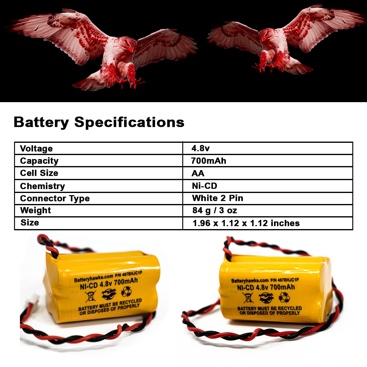 4.8V Ni-Cd Battery 700mAh for Exit Sign Emergency Light, Replaces BL93NC487/484/485, White Connector (5 Pack)