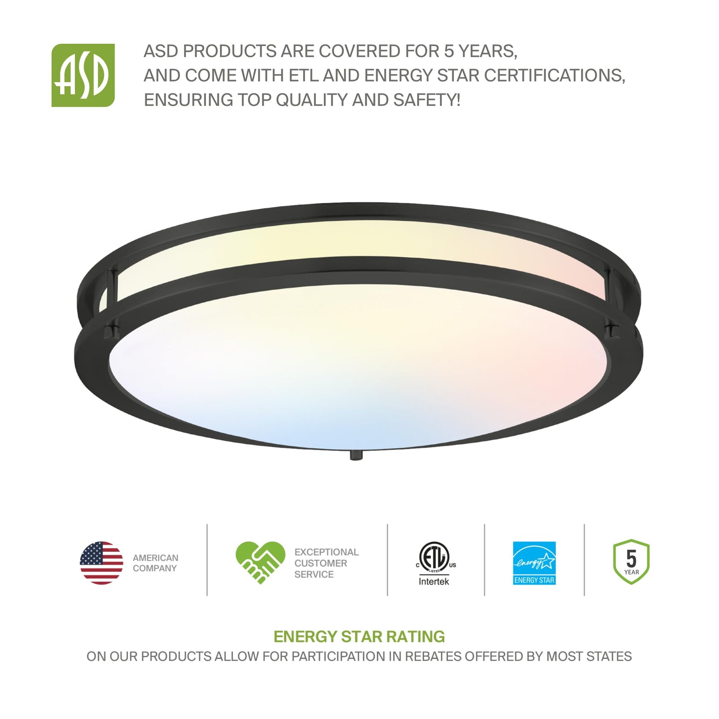 ASD LED 12" Round Flush Mount Ceiling Light, 20W 1550LM, 3CCT Dimmable 3000-5000K, Low Profile Double Ring, Black