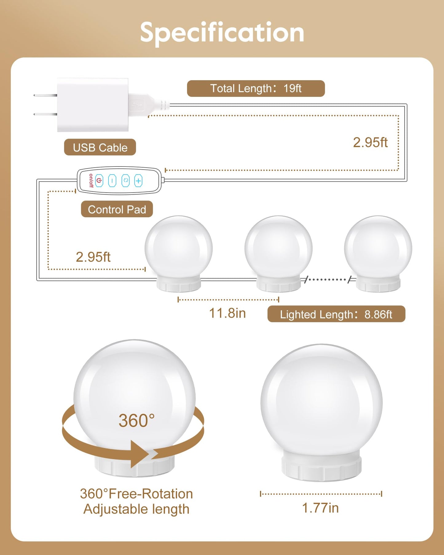 Hollywood Style LED Vanity Light Kit with 10 Dimmable Bulbs for Makeup & Dressing Table – White Strip, Plug-In (No Mirror)