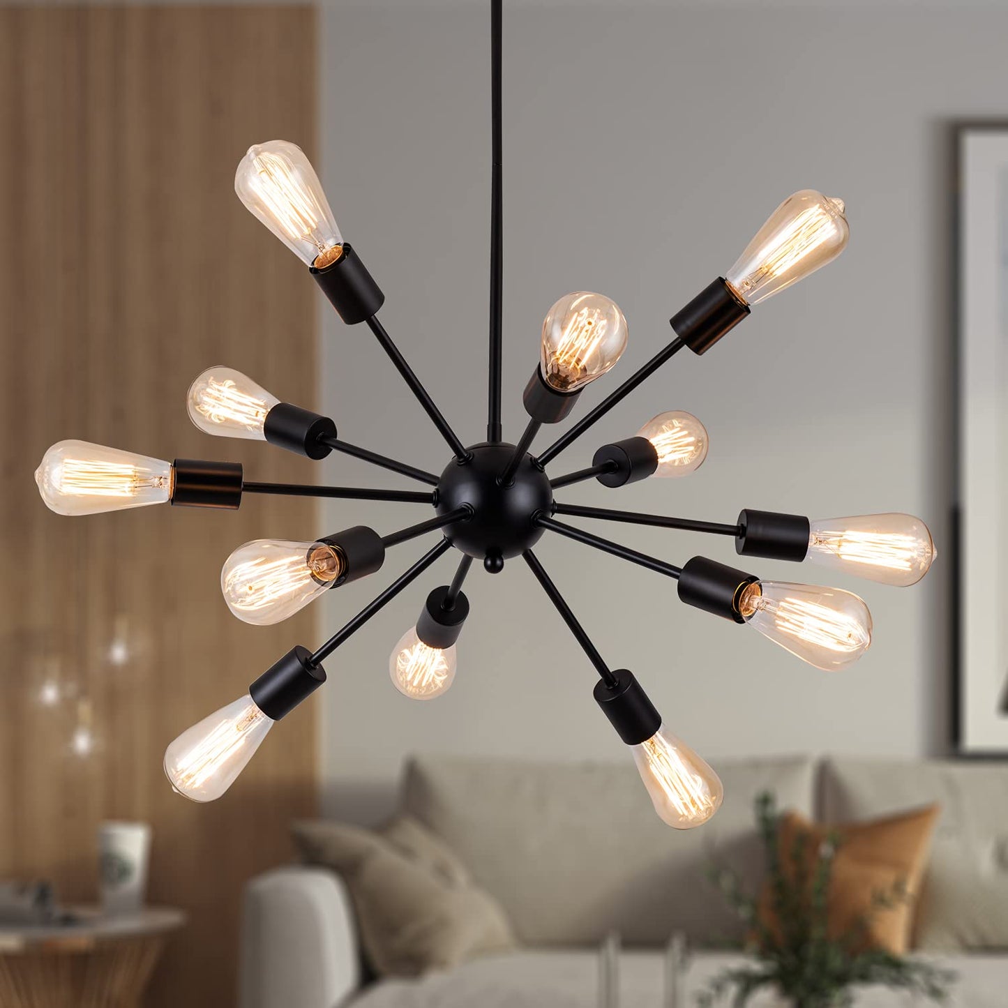 LIGHTDAMY Sputnik Chandelier Black 12-Light, Modern Mid-Century Industrial Pendant Ceiling Light for Living Room, Dining, Bedroom