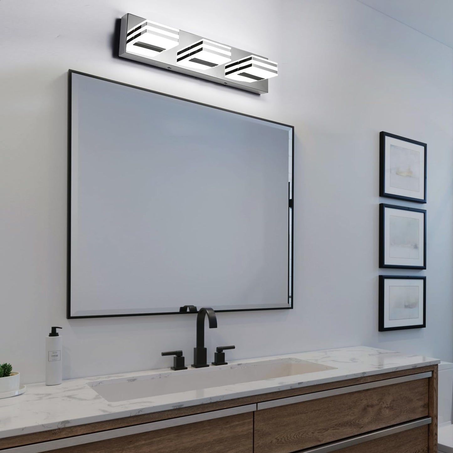LED Vanity Light 20" for Bathroom, 3-Light Chrome Fixture, 18W Modern Mirror Lamp, 6000K Bright Wall Sconce