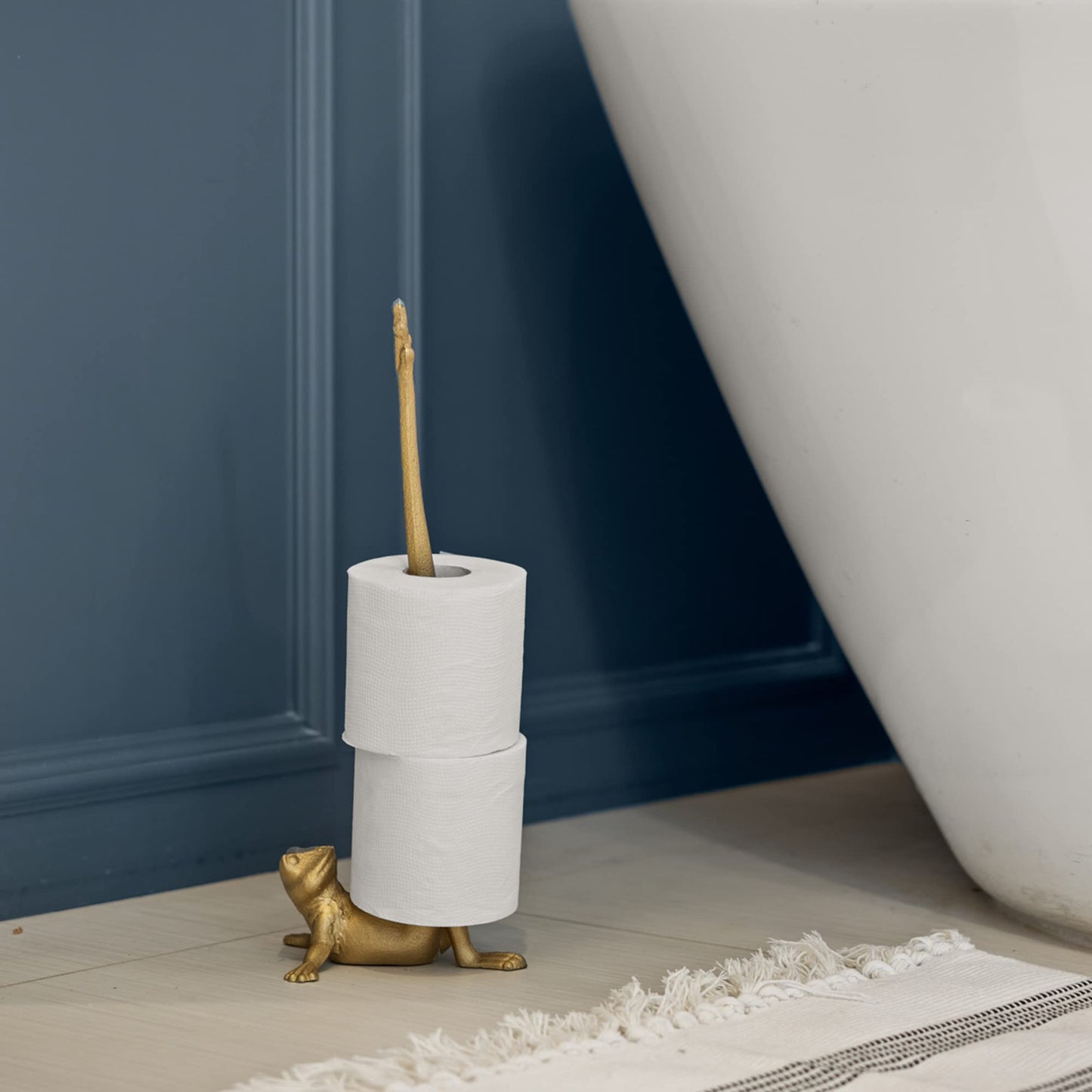 WallCharmers Gold Paper Towel Holder, Metal Toilet or Kitchen Paper Holder for Floor or Countertop, Gold Frog