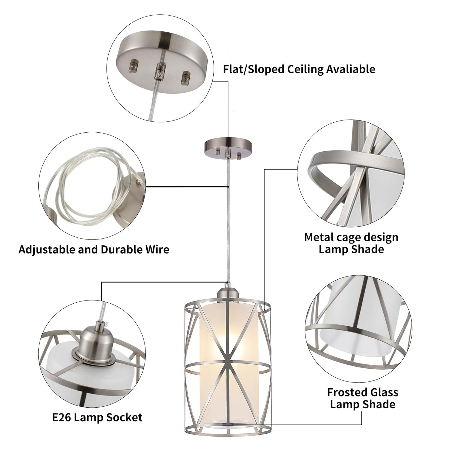 Zlierop Modern Cylindrical Pendant Light, Frosted Glass Brushed Nickel, Hanging Kitchen Island Lighting for Dining, Foyer & Entryway