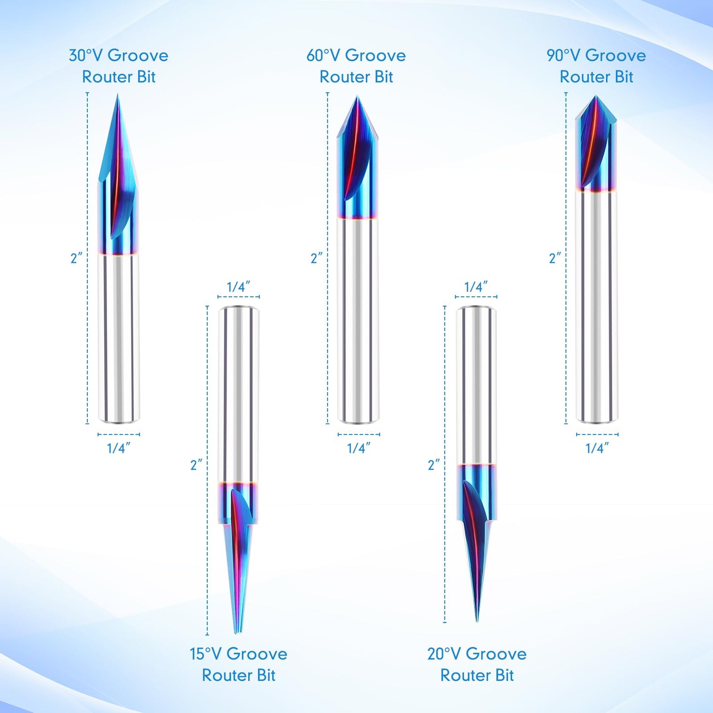 CNC Wood Carving Router Bit - 1/4 Shank, 15/20/30/60/90 Engraving Bits, 2 Flute Straight & V-bit, Blue Nano-Coating Conical Tool