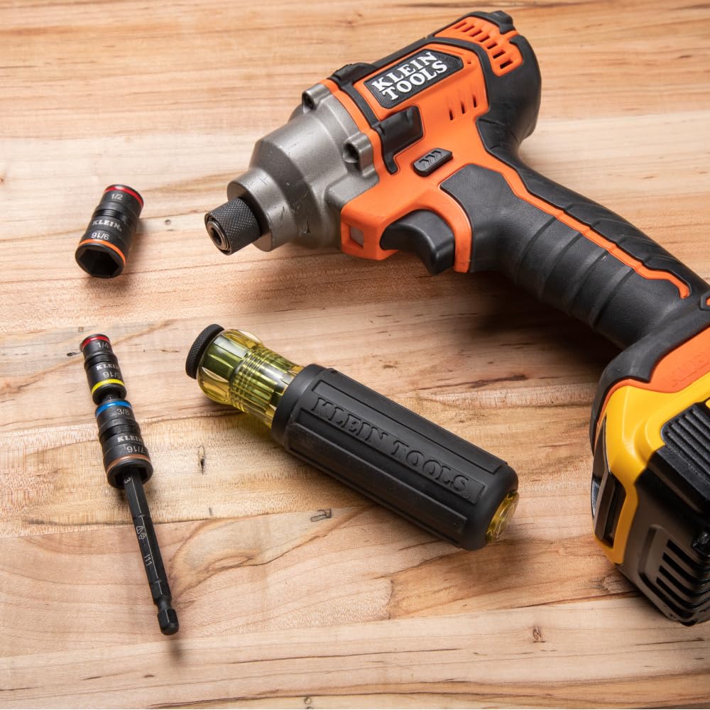 Klein Tools 32910 7-in-1 Impact Driver & SAE Socket Set with Handle, Flip Sockets 1/4–9/16" Nut Drivers + 1/4" Bit Holder