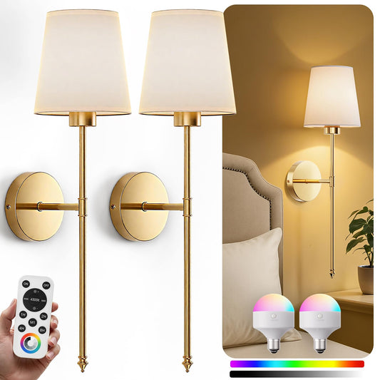 Wall Sconces Set of 2, Battery Operated & Rechargeable, 10 Colors, Dimmable, 5200mAh, Remote Included, 24" Gold for Home Decor