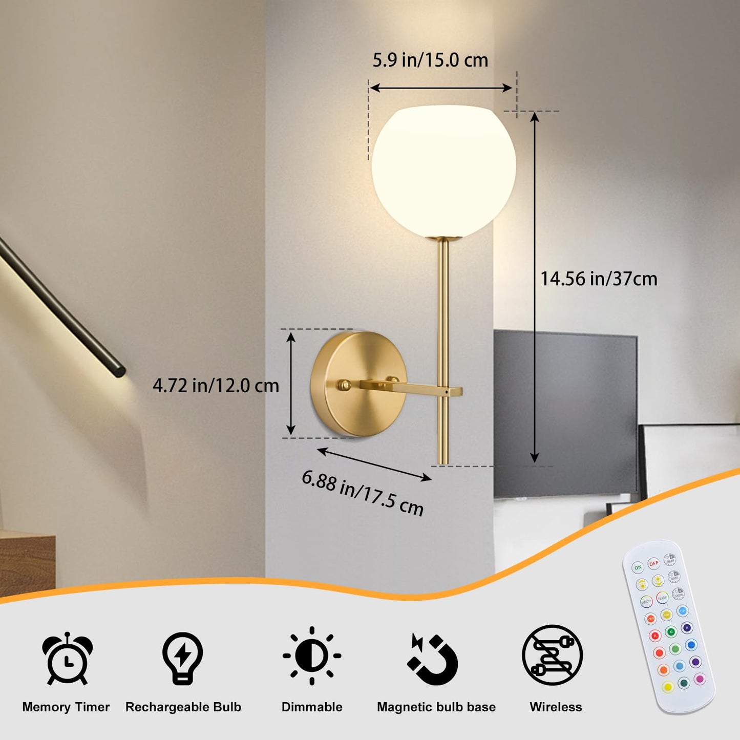 **Gold Battery Operated Wall Sconces Set of 2 – Rechargeable Wireless Wall Lights with Frosted Glass, RGB & 3CCT Dimmable, Remote Control**