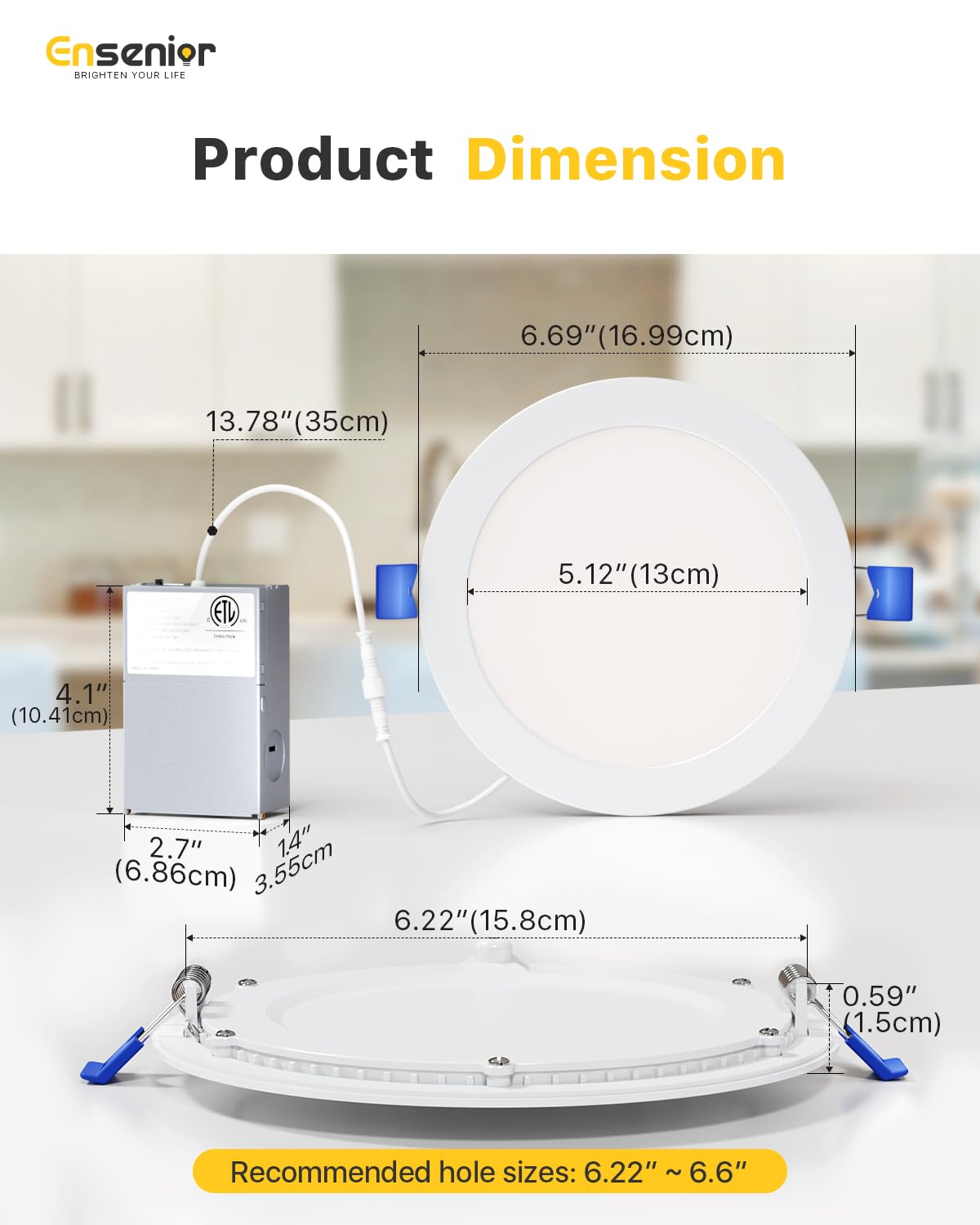 Ensenior 4-Pack 6" LED Recessed Lights, Dimmable 2700K-5000K 5CCT, 1200LM, 12W Ultra-Thin Canless Ceiling Light, Damp Rated