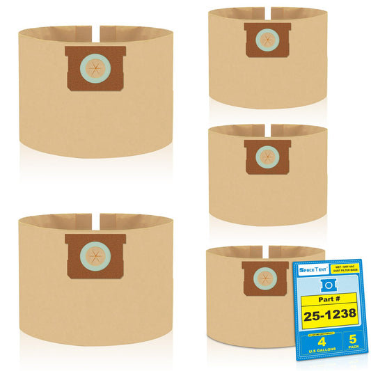 SpaceTent 5-Pack Replacement Shop Vac Filter Bags for Stanley & Porter-Cable 4-Gallon Wet/Dry Vacuums (25-1238, AT25-1238 Compatible)