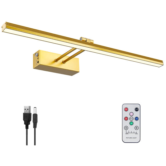 FUNCHDAY Picture Light, 5000mAh Battery Operated Art Light with Remote, Timer & Dimmable, 16” Metal Wall Painting Light, Gold