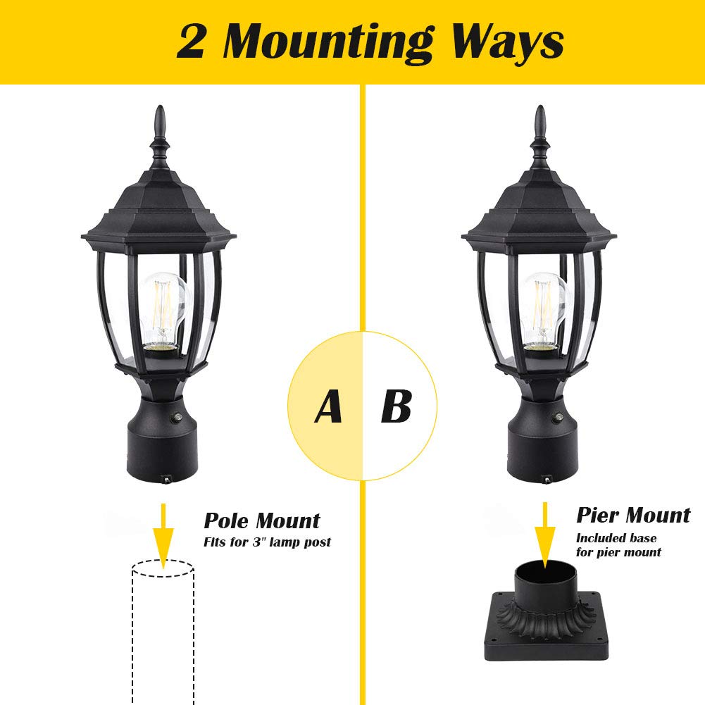 Dusk to Dawn Outdoor Post Light, 6" Waterproof Aluminum Lantern with Clear Glass, Hardwired 120V, Pier Mount for Garden & Patio