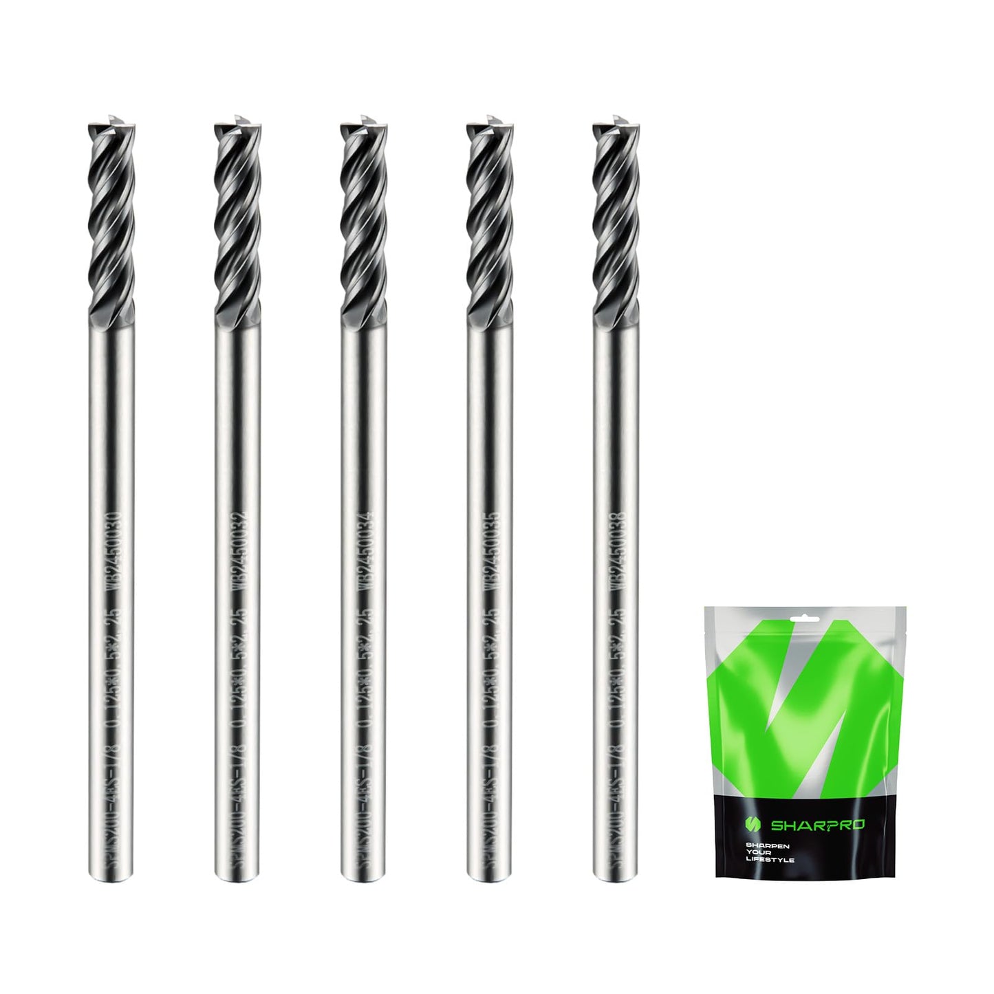 SHAPPRO 5PCS 1/8" Carbide 4-Flute Square End Mill, CNC Router Bits for Alloy Steel, Stainless Steel, Cast Iron, Heat-Resistant