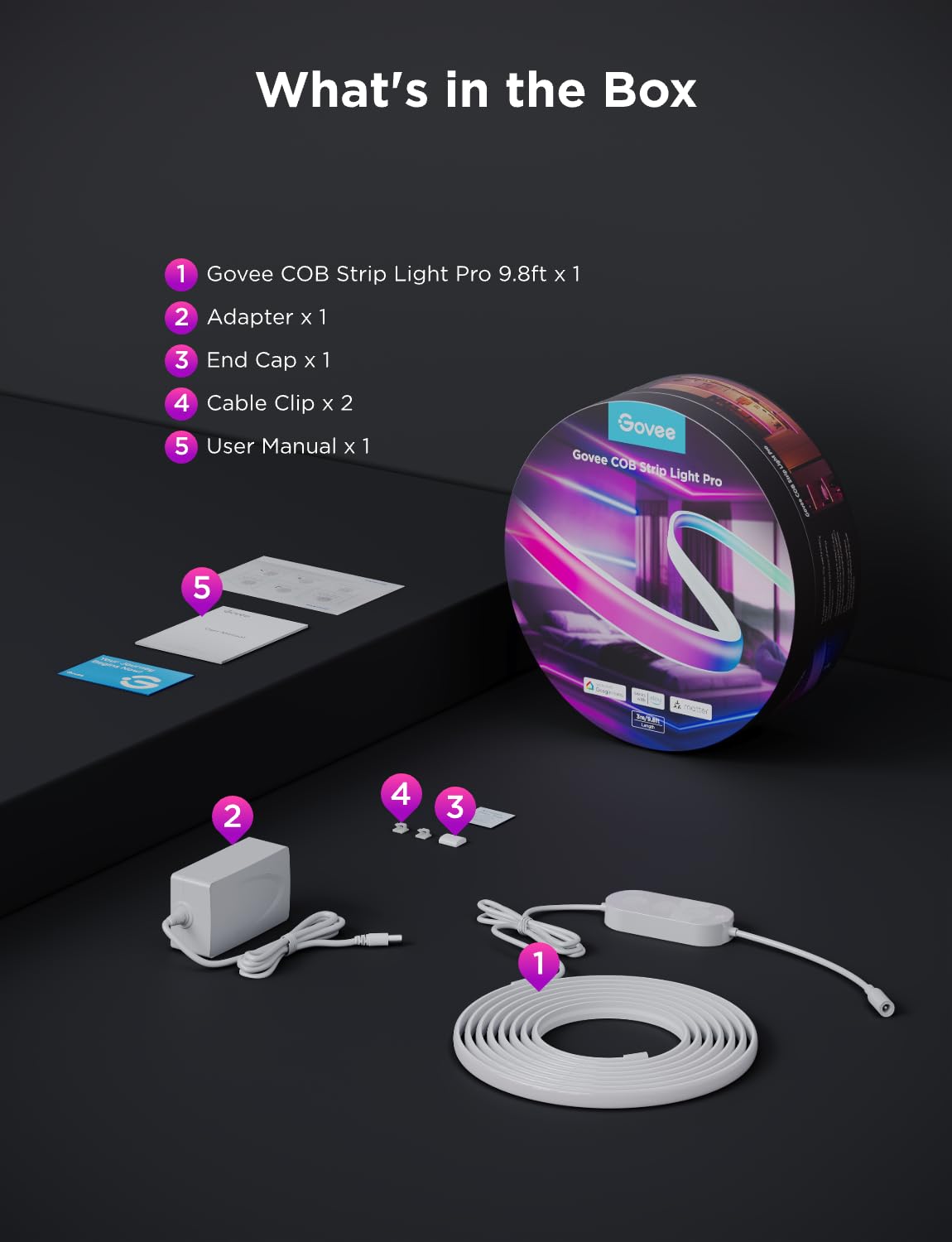 Govee COB LED Strip Light Pro, 9.8ft RGBICW Smart LED for Bedroom, Color Changing, Warm White, Works with Alexa, Google & Matter