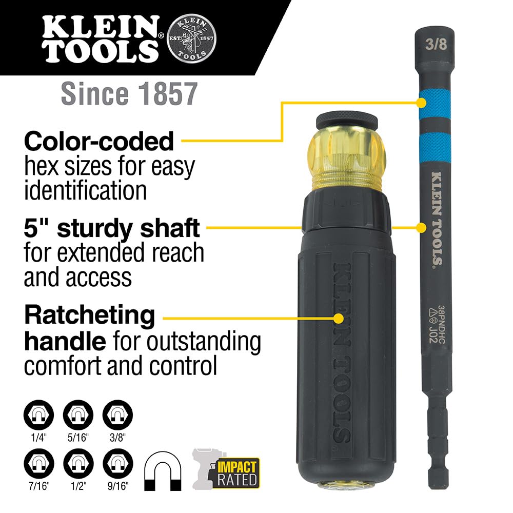 Klein Tools 32950 Ratcheting Impact Rated Hollow Power Nut Driver Set with Handle, Magnetic, Color Coded, 6 SAE Hex Sizes and Handle Included