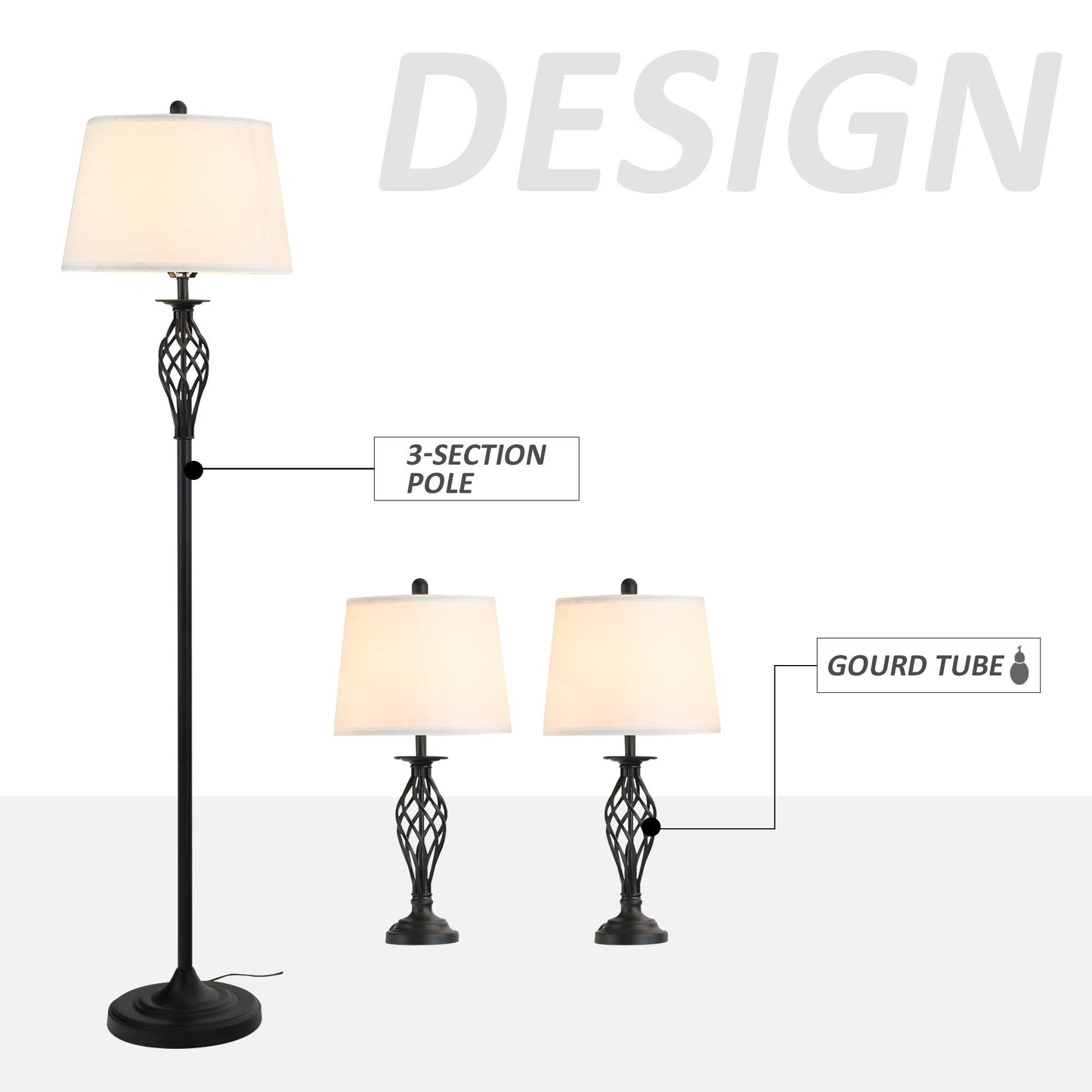 HOMCOM 3 Piece Table Floor Lamp Set with Metal Pole, Round Base, and Fabric Lampshade, for Living Room, Black/White