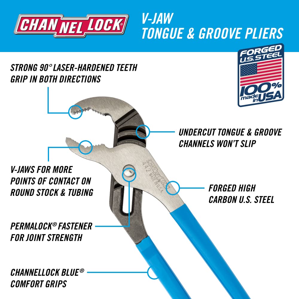 Channellock Tongue & Groove Plier 442 - V-Jaw, High Carbon Steel - 12 Inch