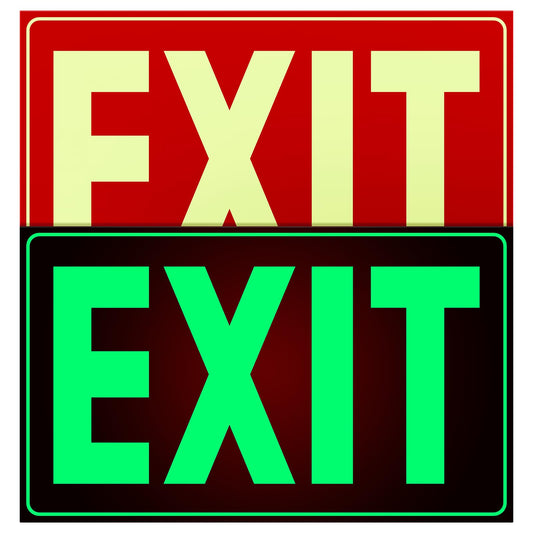 Glow-in-the-Dark Emergency Exit Signs, Self-Adhesive 12x7", Red Photoluminescent, UV Protected, Tear & Scratch Resistant PVC (2 Pack)