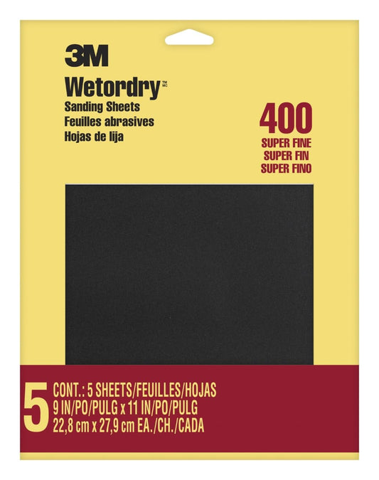 3M Wetordry Sandpaper 400 Grit, 9 x 11 in., Waterproof Sanding Sheets, 5-Pack for Varnish, Lacquer, Paint & Finish Prep (9085NA)