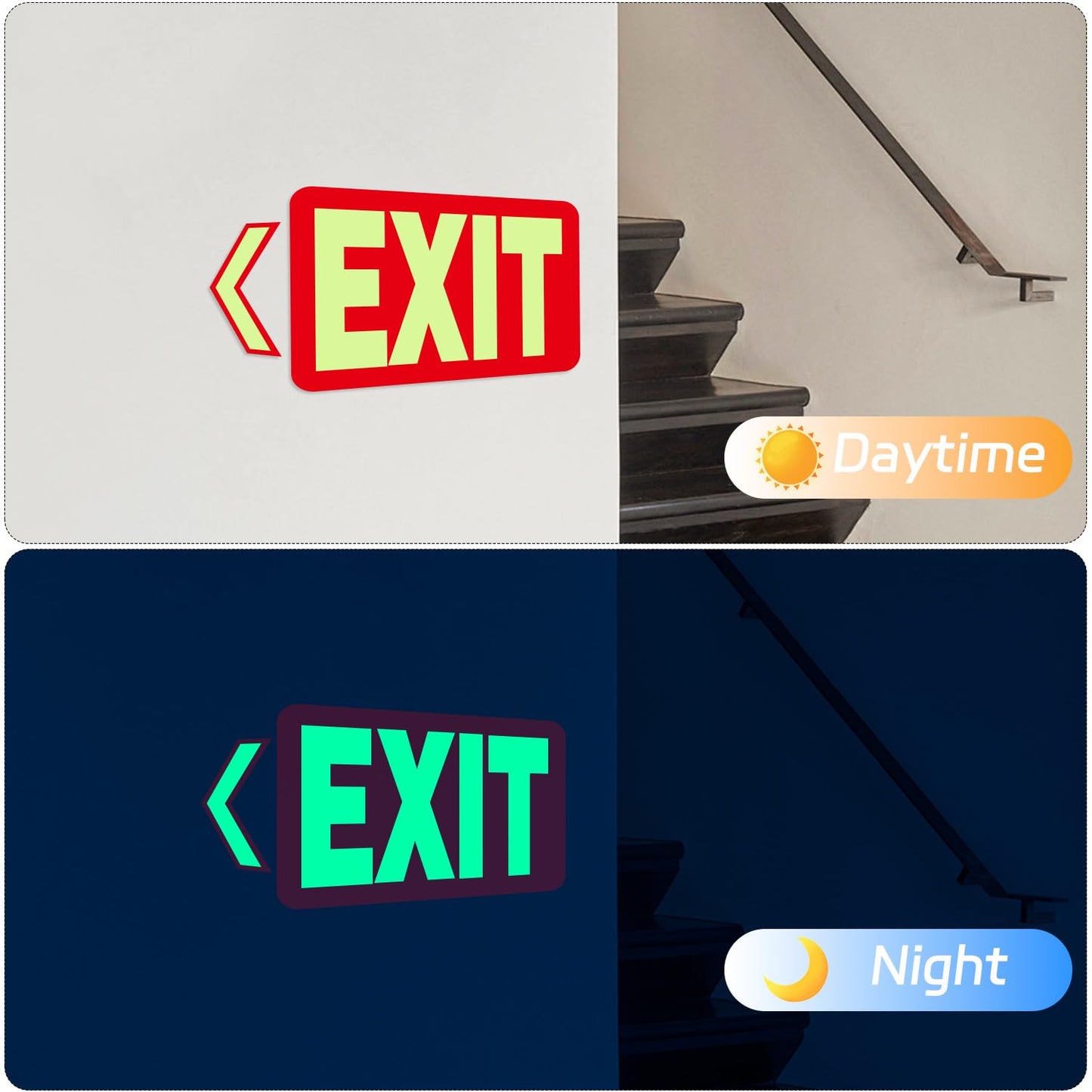 EXIT Sign Glow in the Dark Decals, 2-Pack 10"x7" Vinyl Stickers with 4 Arrows, Photoluminescent Emergency Signs, Visible 8 Hours