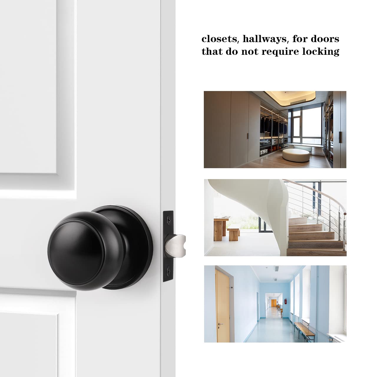 Probrico Black Door Knobs Interior, Passage Door Knobs for Hallway Closet, Matte Black Keyless Indoor Door Knob, 6 Pack