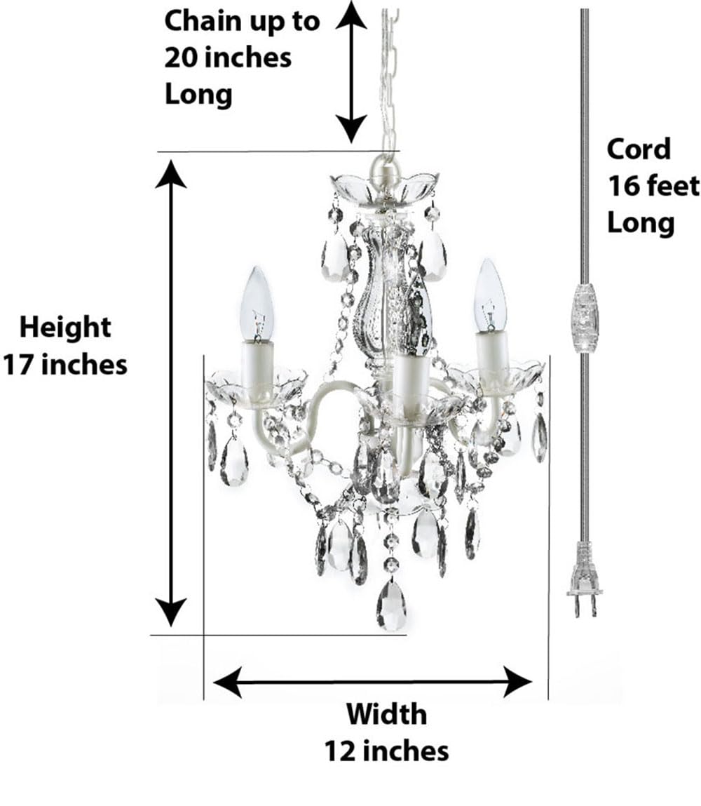 Gypsy Color Brink House 3-Light Plug-in Swag Chandelier, White Metal Frame with Clear Glass & Acrylic Crystals, 17"x12"