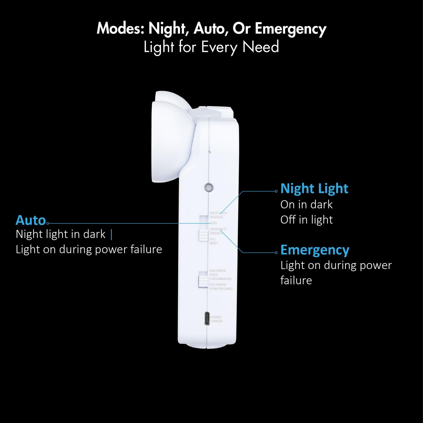 Ideal Security Rechargeable LED Emergency Power Failure Light, Adjustable Heads, Up to 48 Hours Backup, 80–140 Lumens, White