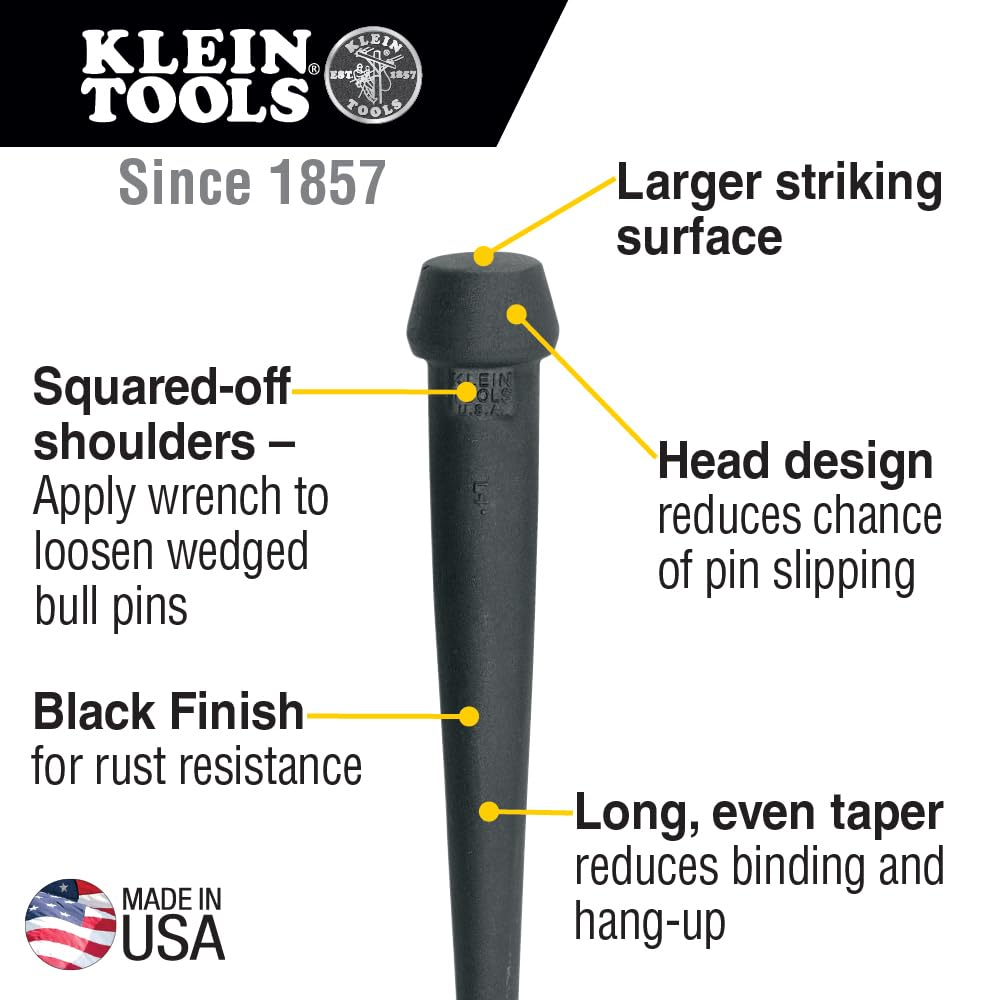 Klein Tools 3256 Broad-Head Bull Pin Made of Forged, Made in USA, Heat-Treaded Steel with Black Finish, 1-1/16-Inch