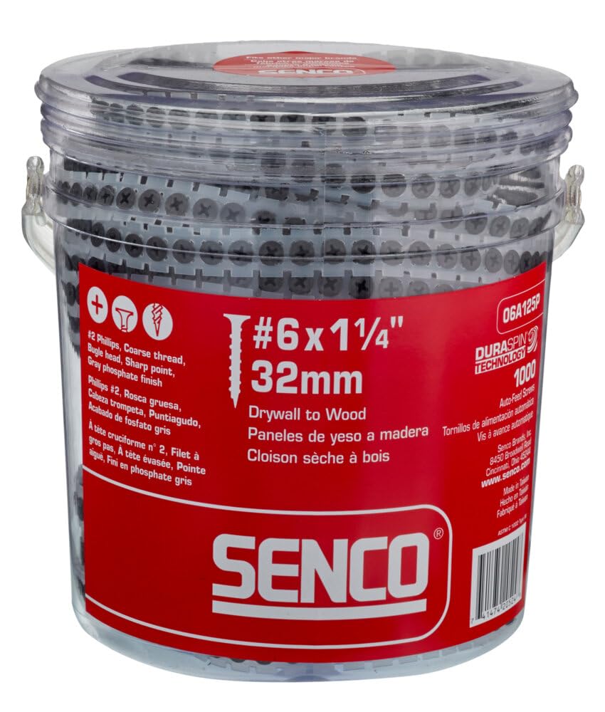 SENCO 06A125P DuraSpin No. 6 x 1-1/4-Inch Collated Screw, 1 1/4 Drywall to Wood Screws (1,000 Ct Tub)