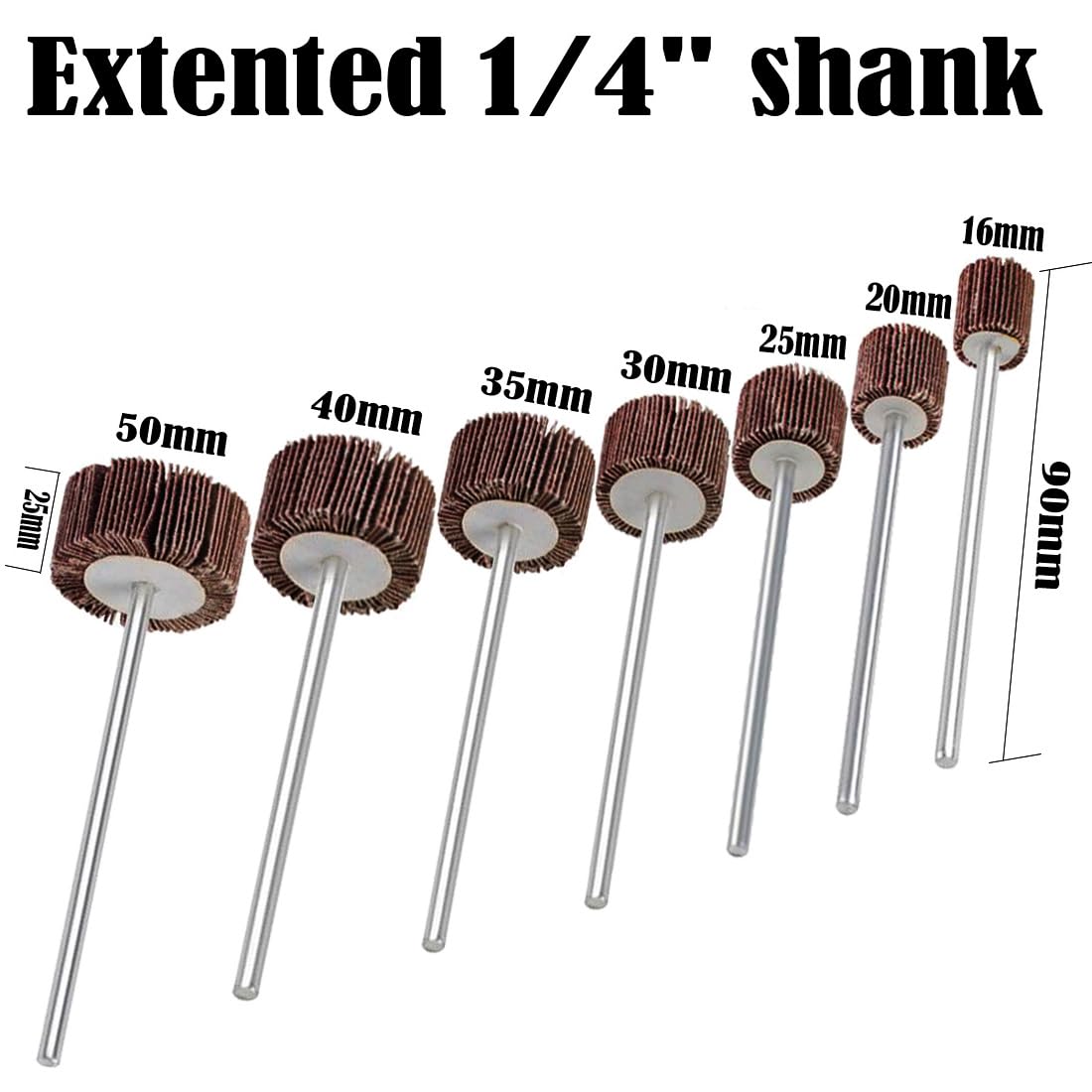 JUNLIXN 14 Pcs 90mm Extra Long Flap Wheels Sander, Extended 1/4'' Shank Abrasive Flap Wheel for Drill, Grinder, Rotary Tools (16/20/25/30/35/40/50mm)