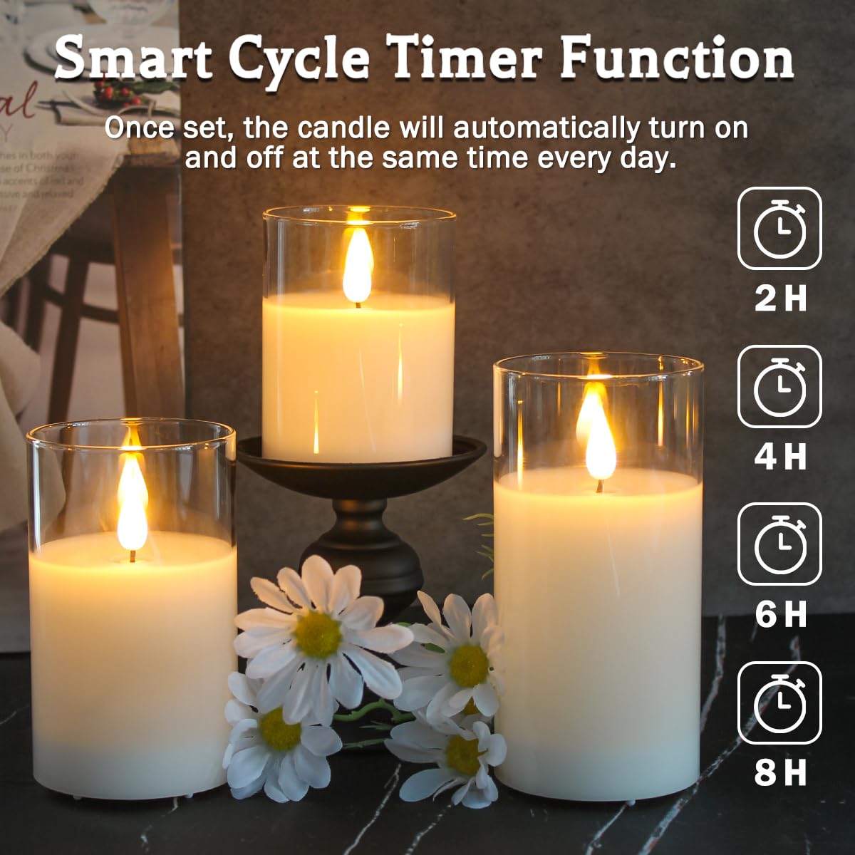 LEDHOLYT Set of 3 Rechargeable Flameless Glass Pillar Candles – Realistic Flicker, Remote & Timer, USB, Perfect for Home & Gifts