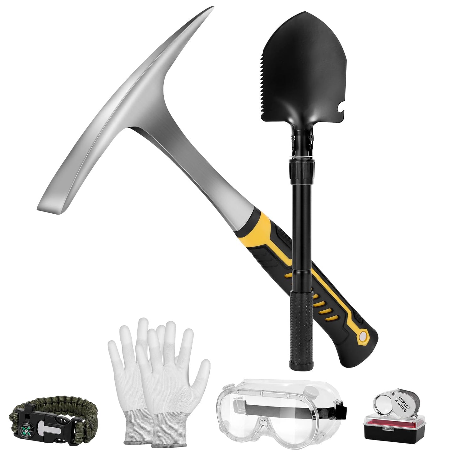 26oz Geologist Rock Pick Kit with 12" Folding Shovel, Multitool, Survival Bracelet, Safety Glasses, Loupe & Gloves for Gold Prospecting