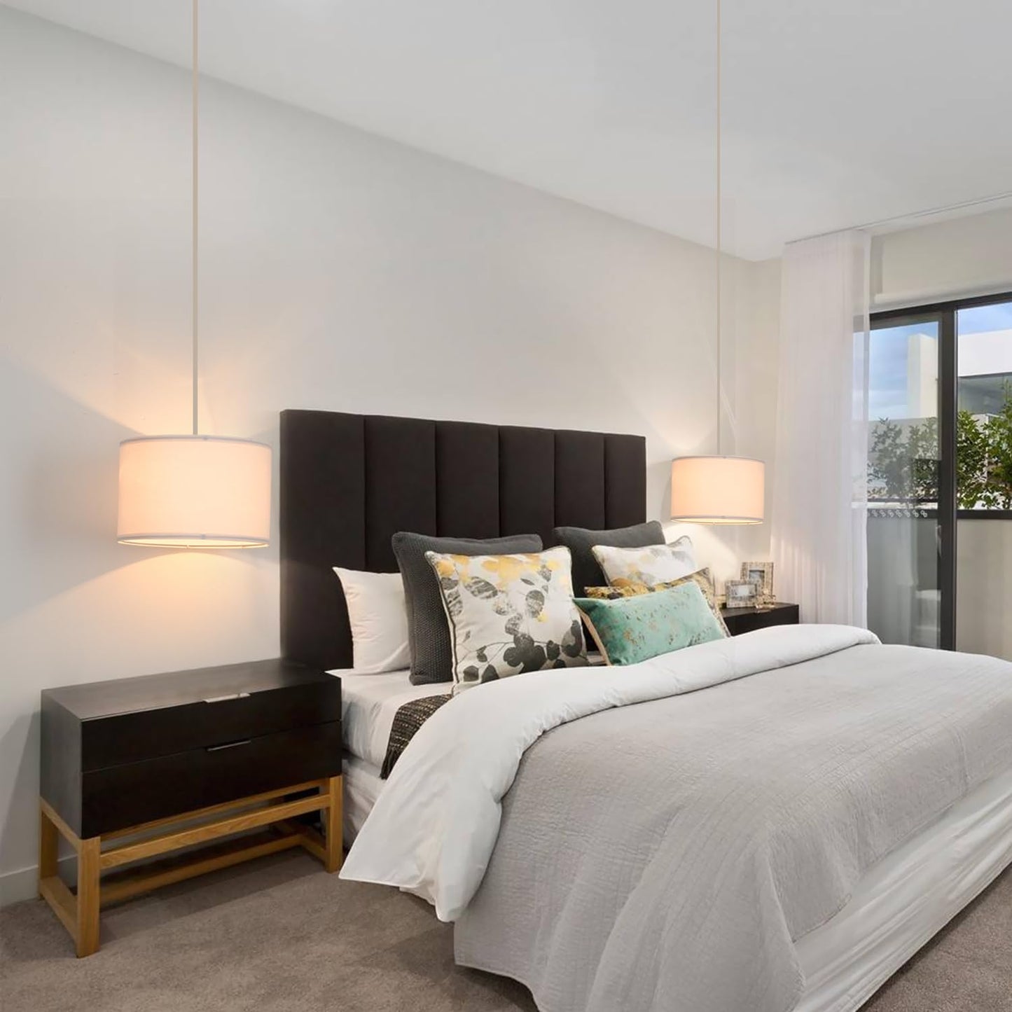 **IHENGYANLT 2-Pack Plug-In Pendant Light with 15ft Clear Cord, On/Off Switch, White Fabric Shade for Bedroom & Kitchen**