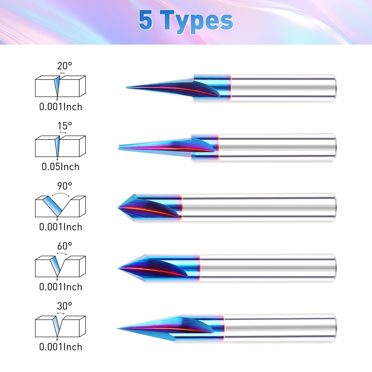 CNC Wood Carving Router Bit - 1/4 Shank, 15/20/30/60/90 Engraving Bits, 2 Flute Straight & V-bit, Blue Nano-Coating Conical Tool