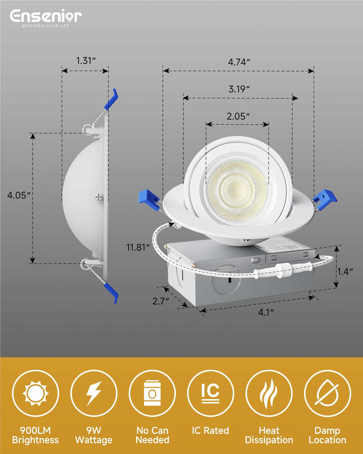 Ensenior 4-Pack 4" LED Gimbal Recessed Light, 5CCT Dimmable, 360°+90° Adjustable, 9W=85W, 900LM, 2700-5000K, ETL & FCC