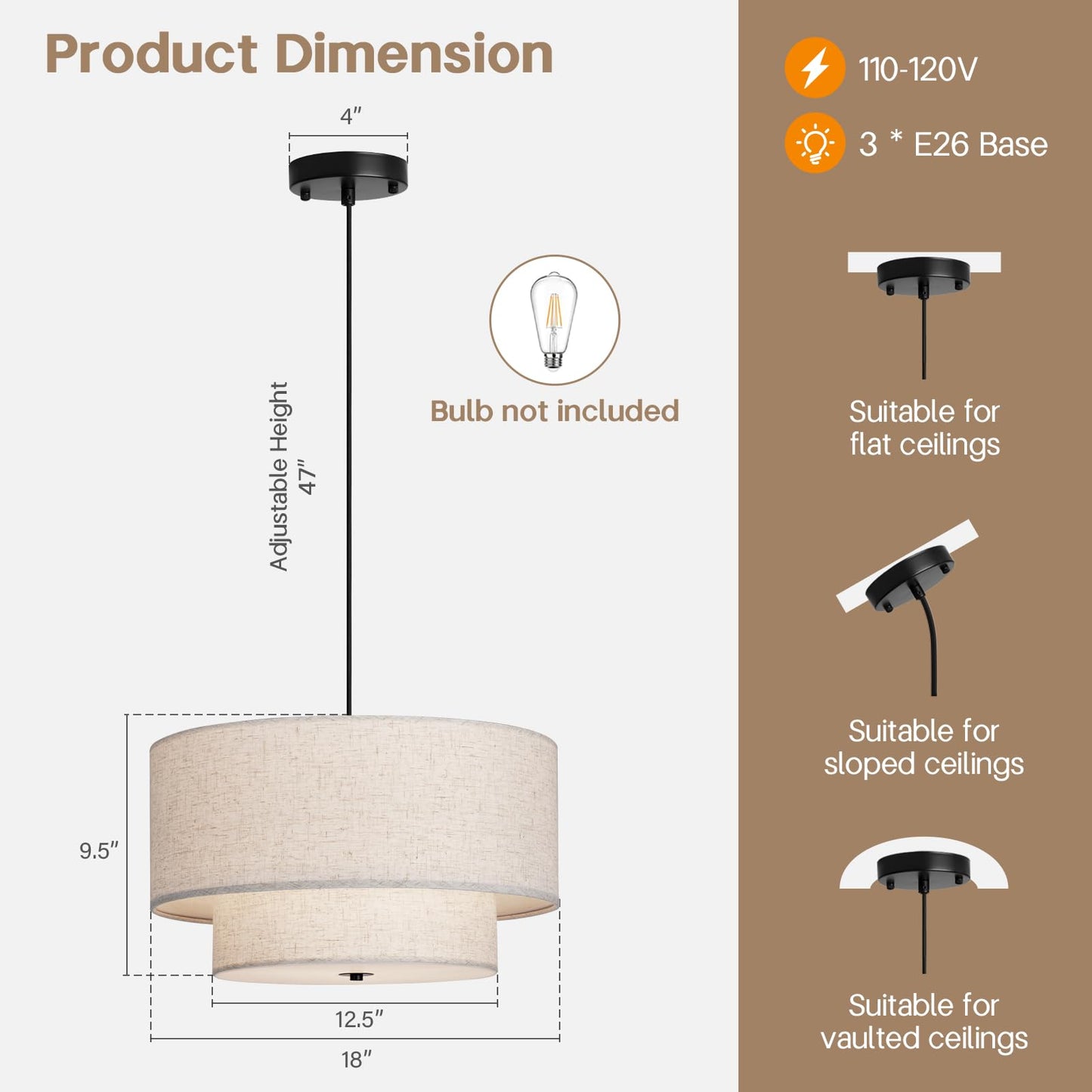 **HILUXIA 18” Modern Double Drum Fabric Pendant Light, Dual Layer Hanging Ceiling Chandelier for Dining Room, Living Room, Bedroom & Kitchen**