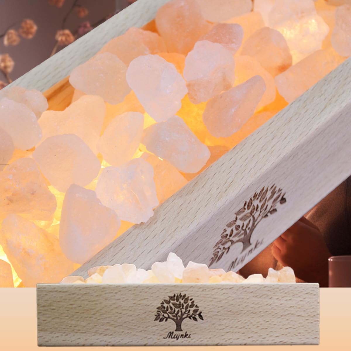 mlynkl Himalayan Salt Lamp Diffuser, 300g Pink Salt with Wooden Base, USB Powered Warm Light for Aromatherapy, Relaxation, Meditation, Home Décor, Gift