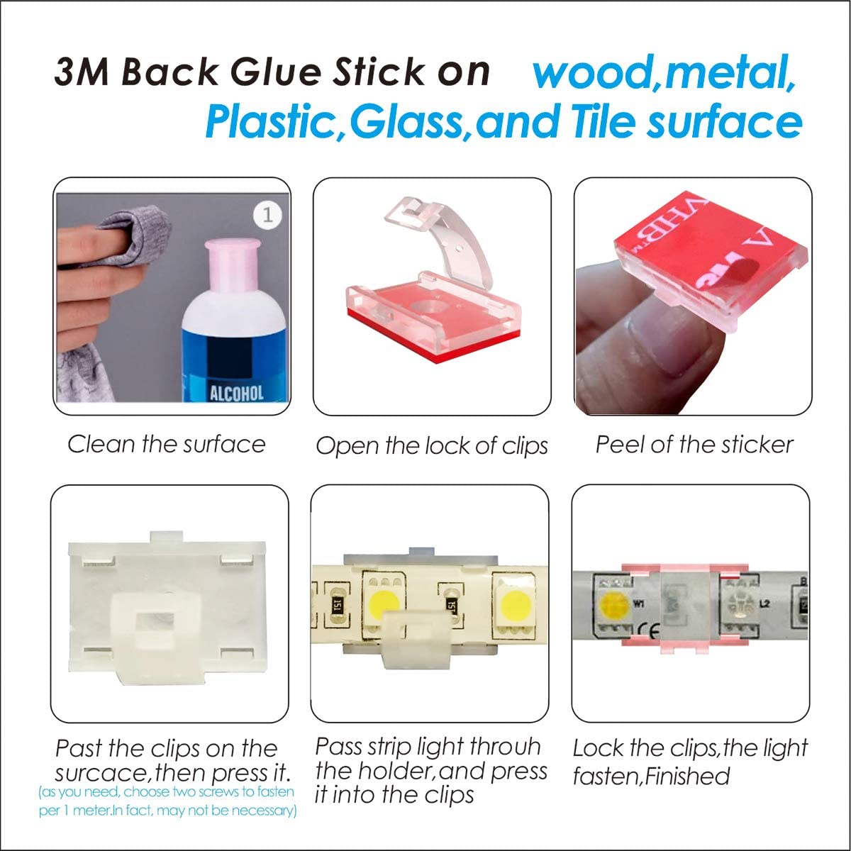 ATB 100-Pack Clear LED Strip Light Mounting Clips & Holders, Self-Adhesive Cable Organizer for Vehicle, Kitchen, Cabinet, Indoor Use