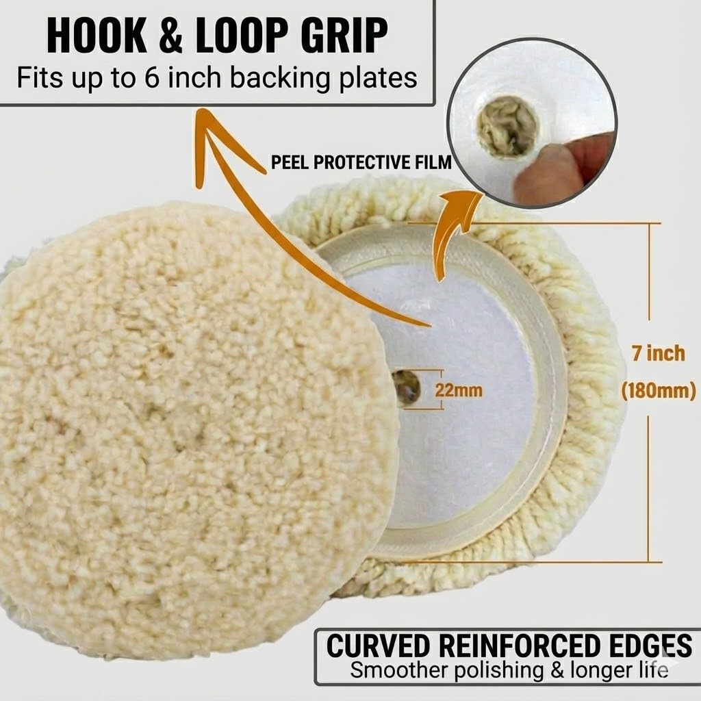 Woolous Wool Buffing Pad, 7 Inch 100% Natural Lambswool Polishing Pad Bonnet Hook and Loop for Car and Boat Polishing, Cutting and Detailing