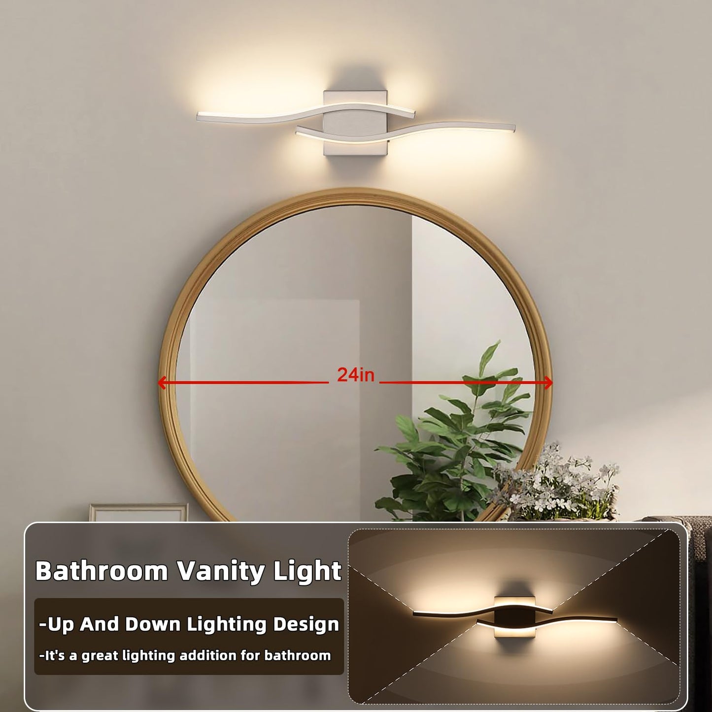 Joossnwell 23" Brushed Nickel LED Bathroom Vanity Light, 5CCT Dimmable Modern Wall Fixture Over Mirror