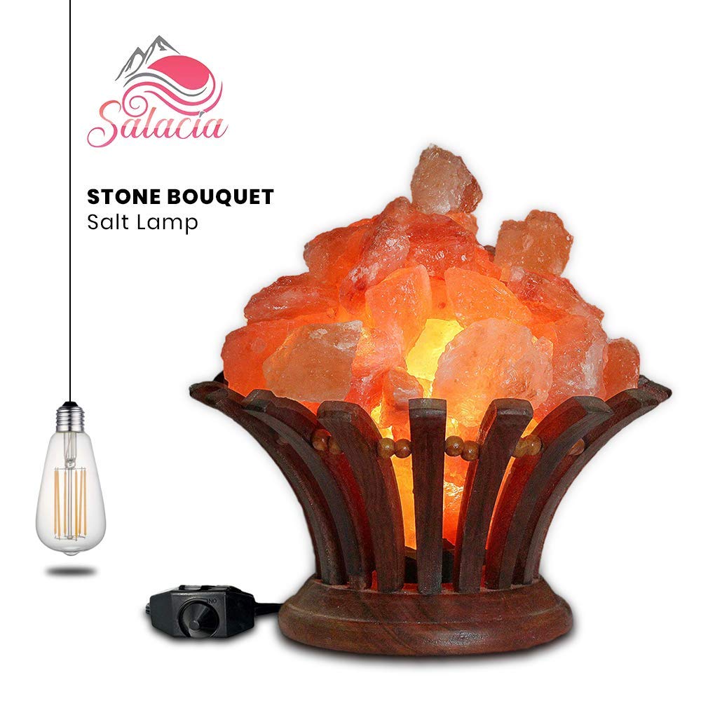 Stone Bouquet Himalayan Salt Lamp Bowl with Dimmer Cord, Natural Pink Salt Rocks, Neem Wood Basket, Wooden Base Light