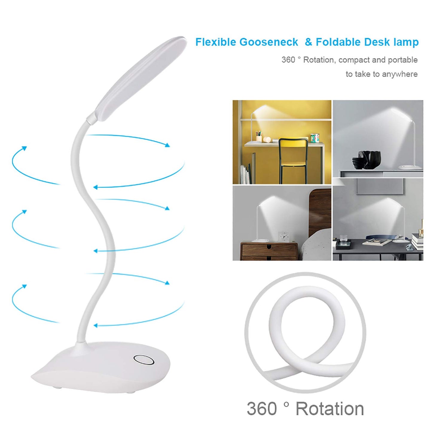 DEEPLITE LED Desk Lamp with Flexible Gooseneck, 3-Level Dimmable Touch Control, Battery Operated 5W Portable Table Lamp for Study, Office, Bedroom, Eye-Caring